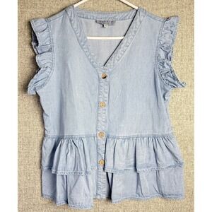 NWOT Hayden‎ Los Angeles Denim Chambray Ruffle Peplum Button Up Top Shirt Sm/Med